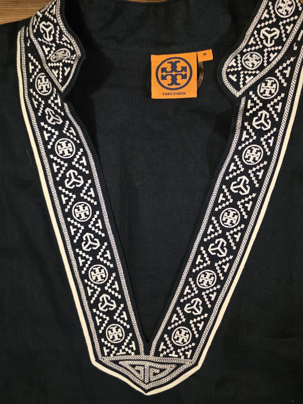 Tory Burch Linen Navy Tunic Swim Coverup with Embroidered Trim Size Medium
